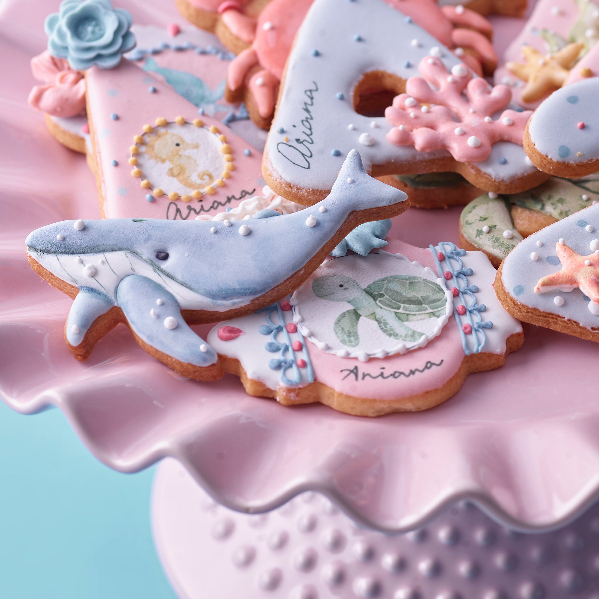 Amico 海洋主題生日糖霜曲奇，搭配鯨魚、螃蟹及數字裝飾設計，專屬客製化小朋友生日甜點
